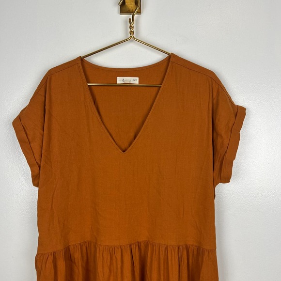 Lou & Grey by Loft Linen Blend Midi Dress Cap Sleeve V-Neck - Picture 9 of 9